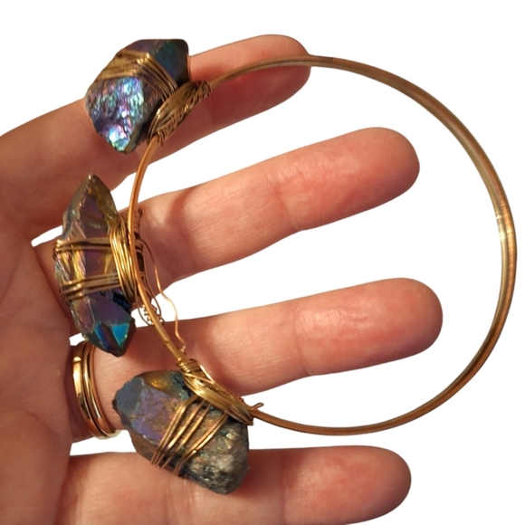Large Copper Wire Bangle Bracelet w/ AB Colored Purple Iridescent Rocks Crystals - Picture 1 of 3